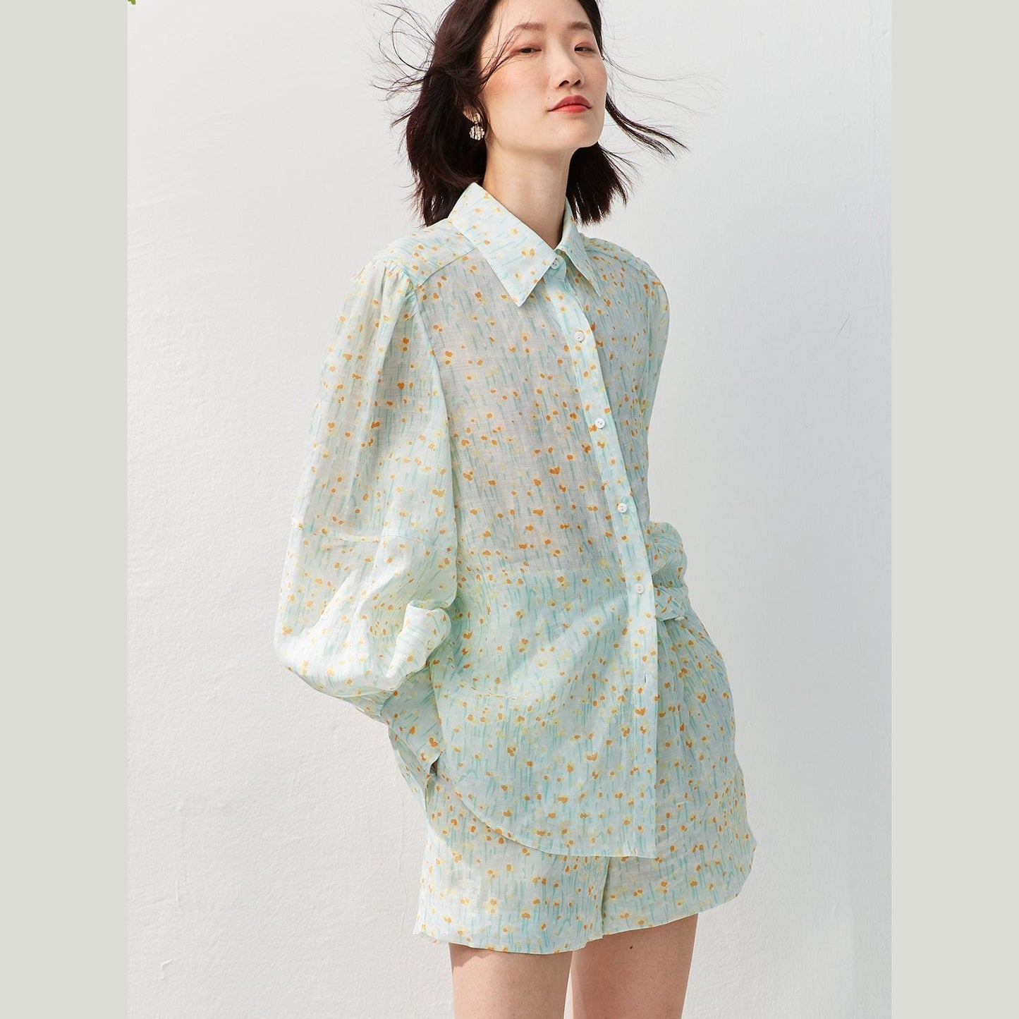 Ice Blue Floral Pure Ramie Linen Shorts