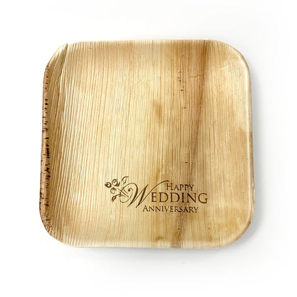 10" Happy Wedding Anniversary Square Palm Leaf Plates (100 count)