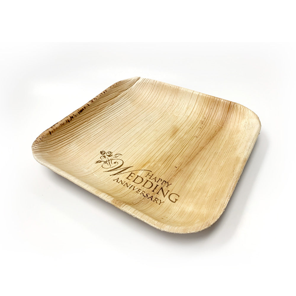 10" Happy Wedding Anniversary Square Palm Leaf Plates (100 count)