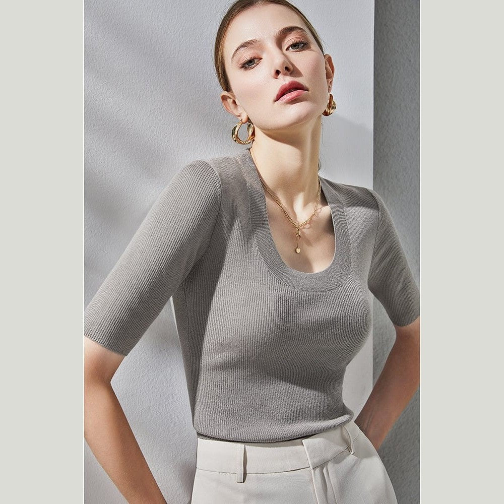 German Wool Yarn 3D Knitted Scoop Neck Shirt