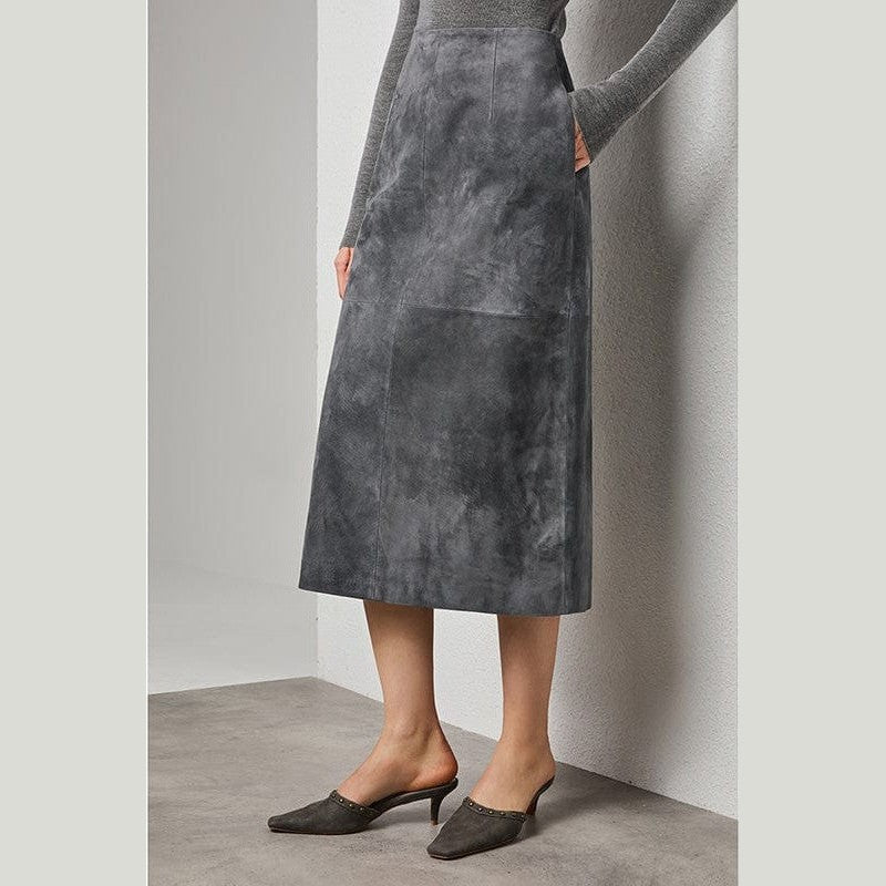 Turkish Suede Sheepskin Blazer & Pencil Skirt - Sculpted Set in Dusted Blue