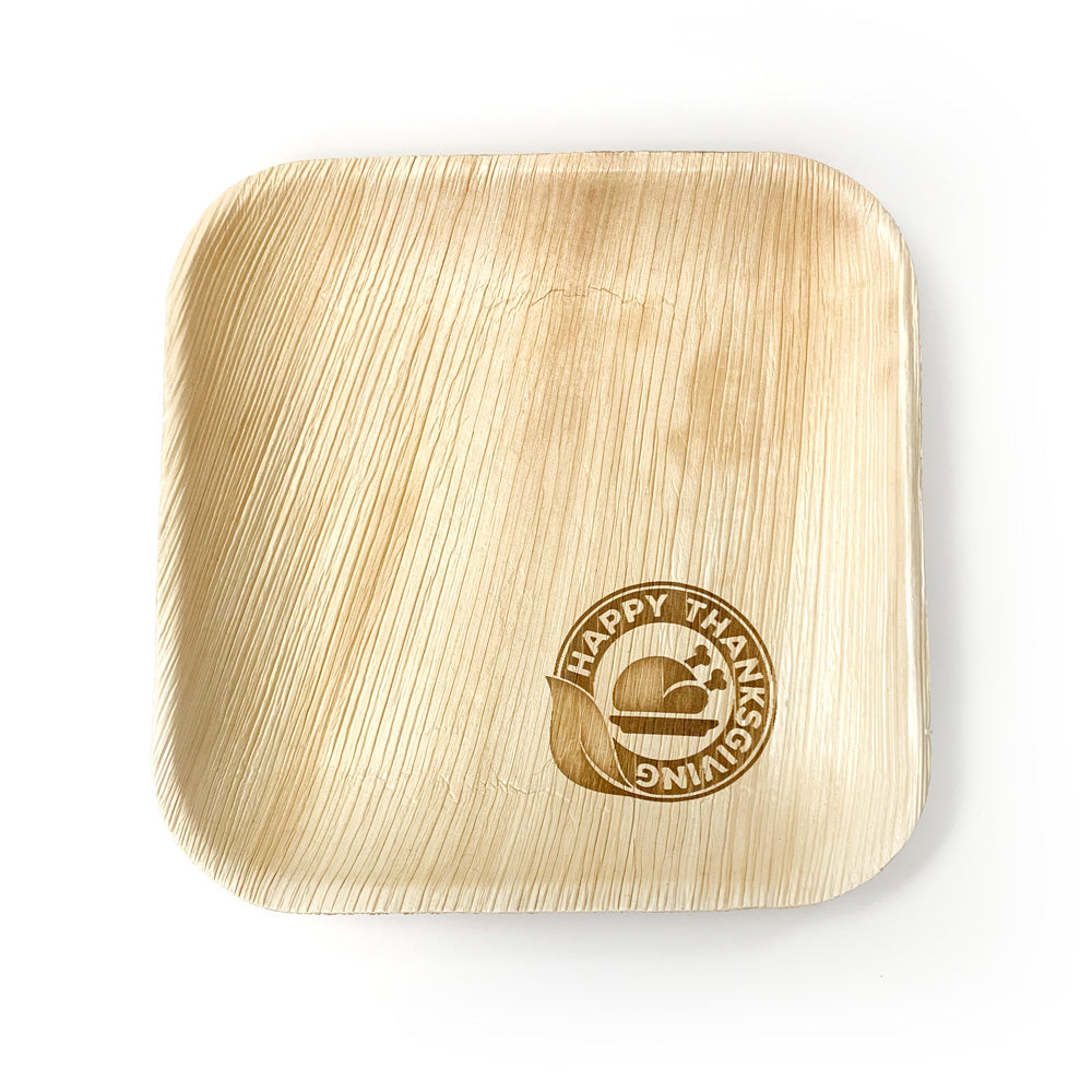 10" Happy Thanksgiving Square Palm Leaf Plates Circular Design (100 count)